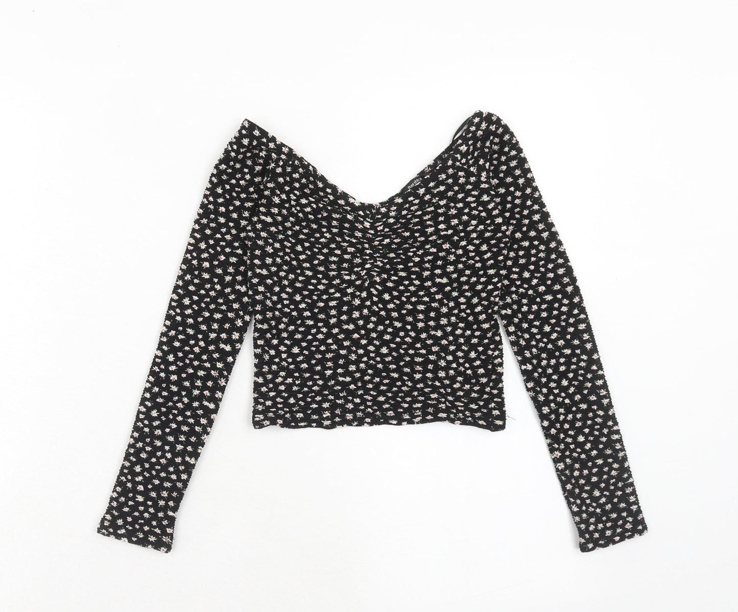 Bershka Womens Black Floral Polyester Basic T-Shirt Size XS Off the Shoulder