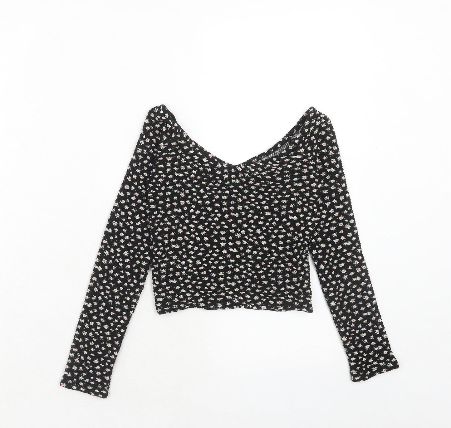 Bershka Womens Black Floral Polyester Basic T-Shirt Size XS Off the Shoulder