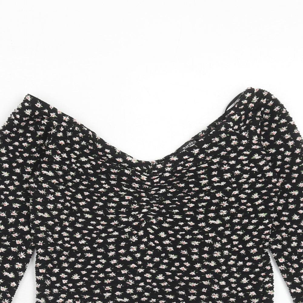 Bershka Womens Black Floral Polyester Basic T-Shirt Size XS Off the Shoulder
