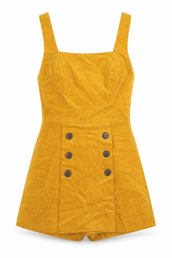 Front view of BDG women’s yellow cotton playsuit one-piece, size M, button