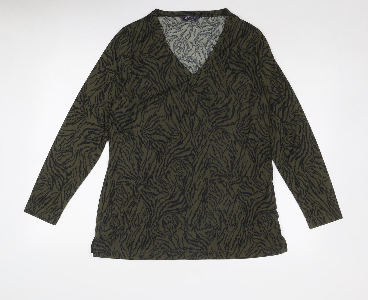 Marks and Spencer Womens Green Animal Print Polyester Basic Blouse Size 12 V-Neck