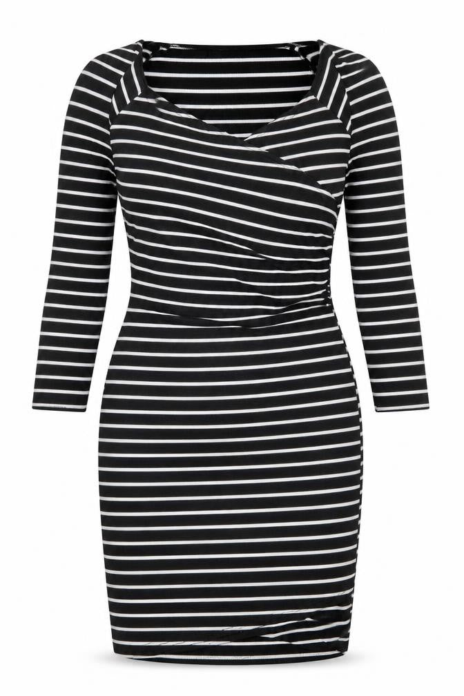 Jane Norman Womens Black Striped Polyester Shift Size 6 V-Neck Pullover