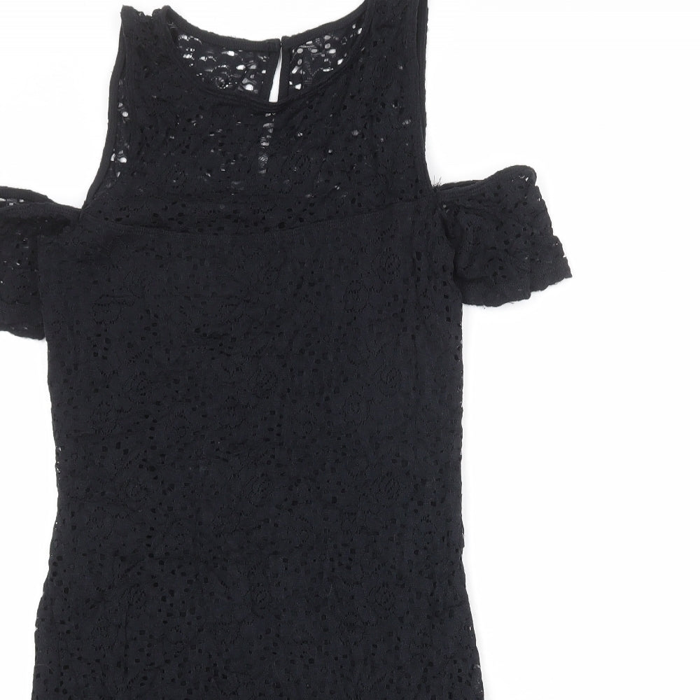 Hollister Womens Black Nylon Mini Size L Round Neck Button - Broderie Anglaise, Cold Shoulder