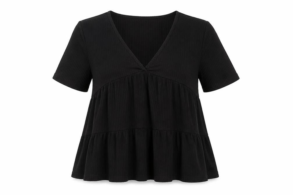 Front view of ASOS women’s black viscose basic t-shirt, size UK 8, v-neck - ribbed