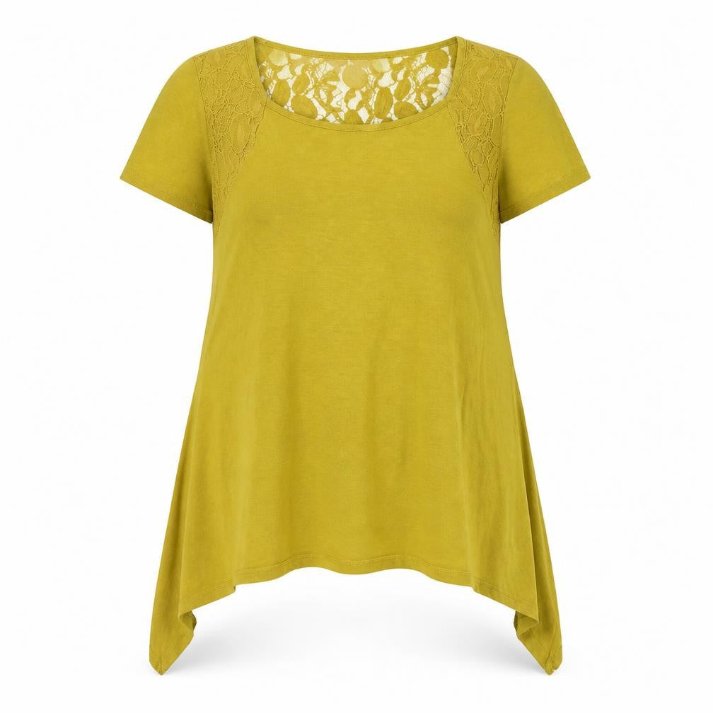 Bonmarché Womens Yellow Cotton Basic T-Shirt Size 14 Scoop Neck - Asymmetric Lace Detail