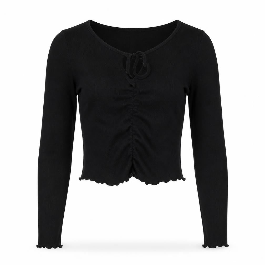 Front view of Miss Selfridge women’s black cotton basic blouse, size UK 10, round neck