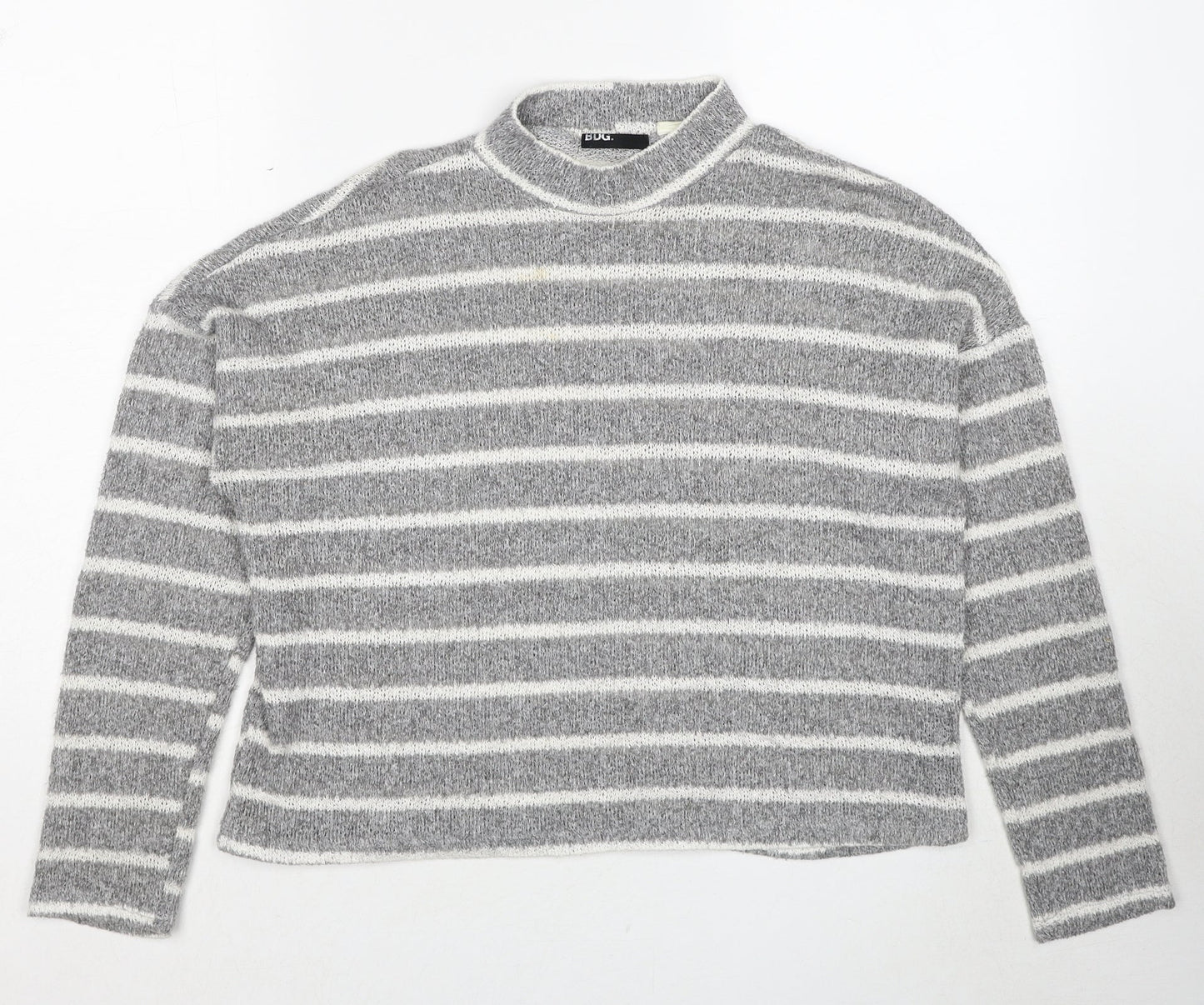 Bug Womens Grey Mock Neck Striped Polyester Pullover Jumper Size S