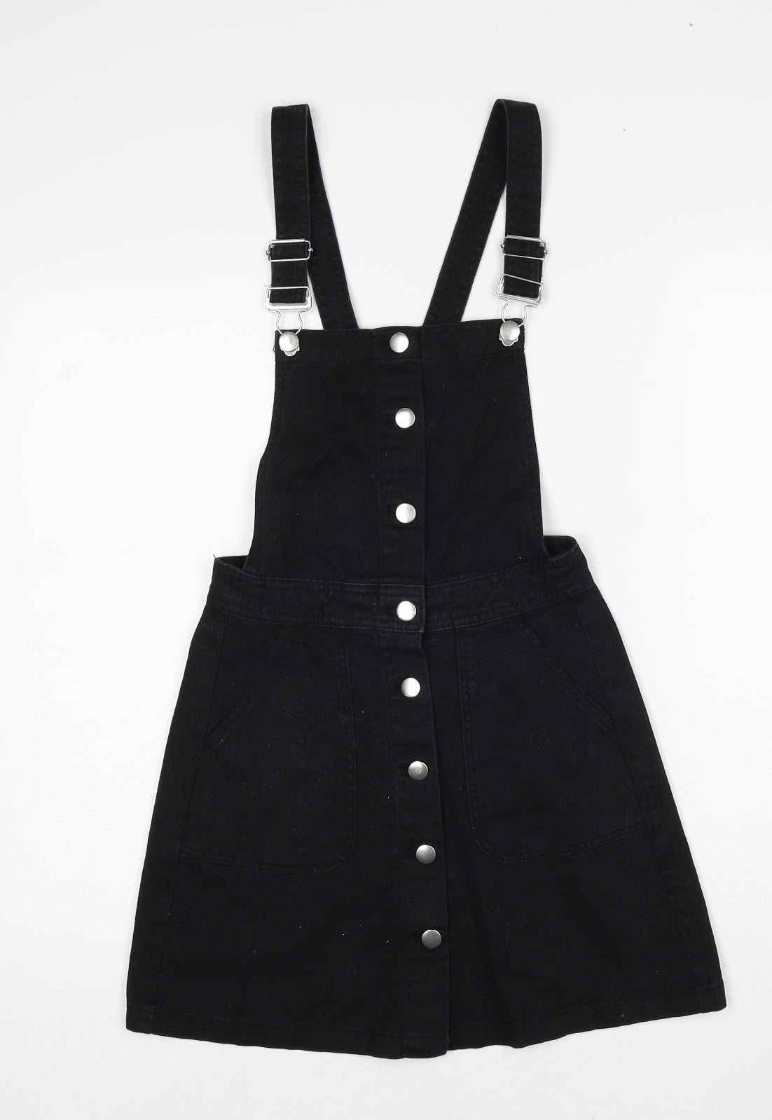 H&M Womens Black Cotton Pinafore/Dungaree Dress Size 6 Square Neck Button