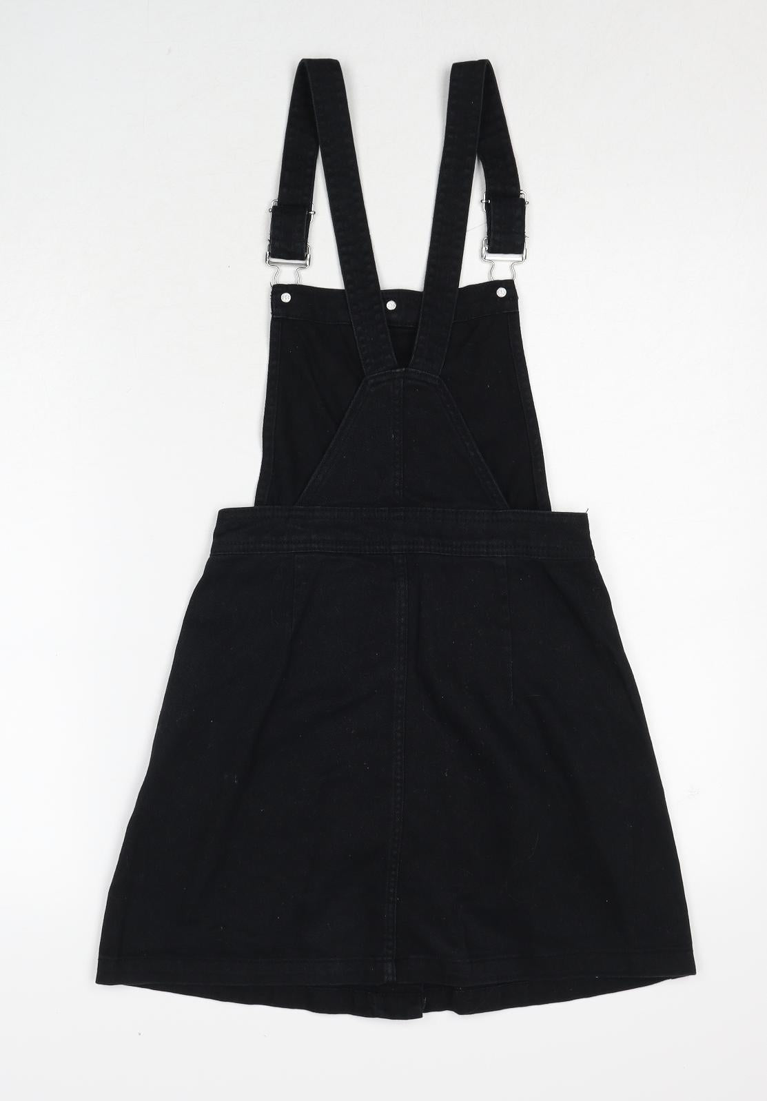 H&M Womens Black Cotton Pinafore/Dungaree Dress Size 6 Square Neck Button