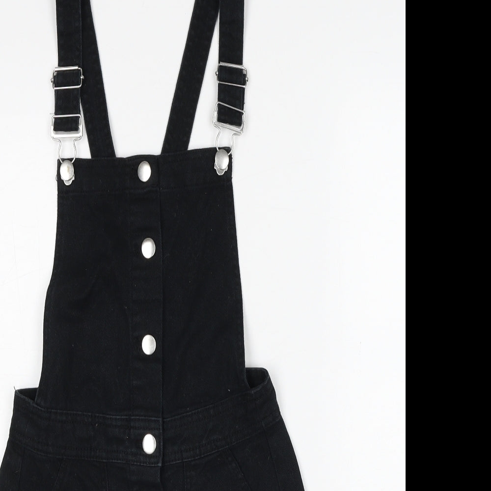 H&M Womens Black Cotton Pinafore/Dungaree Dress Size 6 Square Neck Button