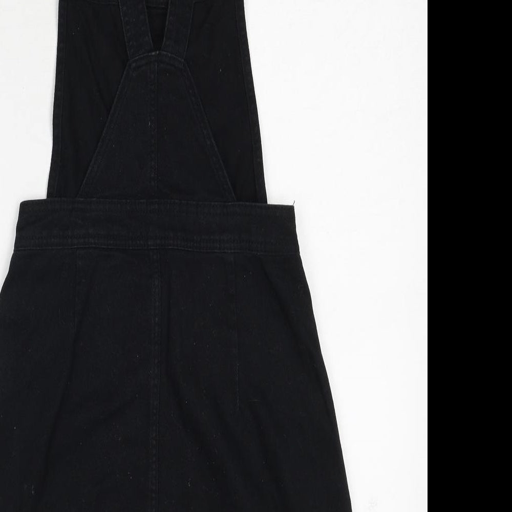 H&M Womens Black Cotton Pinafore/Dungaree Dress Size 6 Square Neck Button