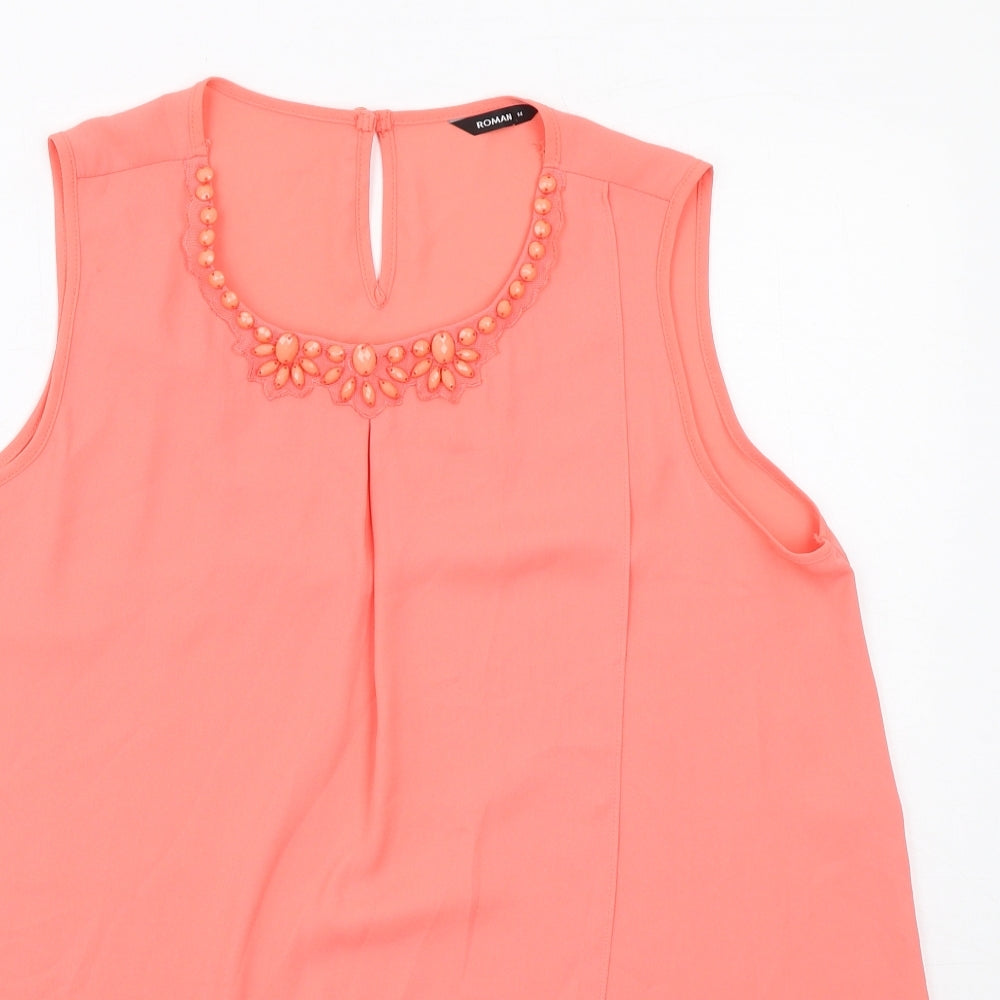 Roman Womens Orange Polyester Basic Blouse Size 14 Round Neck - Embellished Neckline