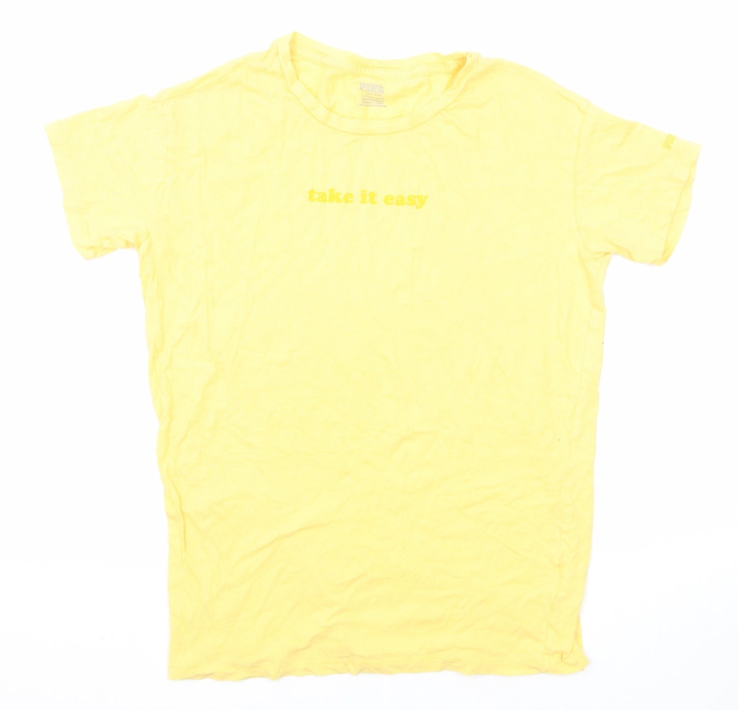 PINK Womens Yellow Cotton Basic T-Shirt Size XS Crew Neck - Take it Easy