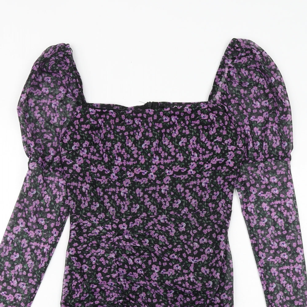 Quiz Womens Purple Floral Polyester Bodycon Size 10 Square Neck Zip