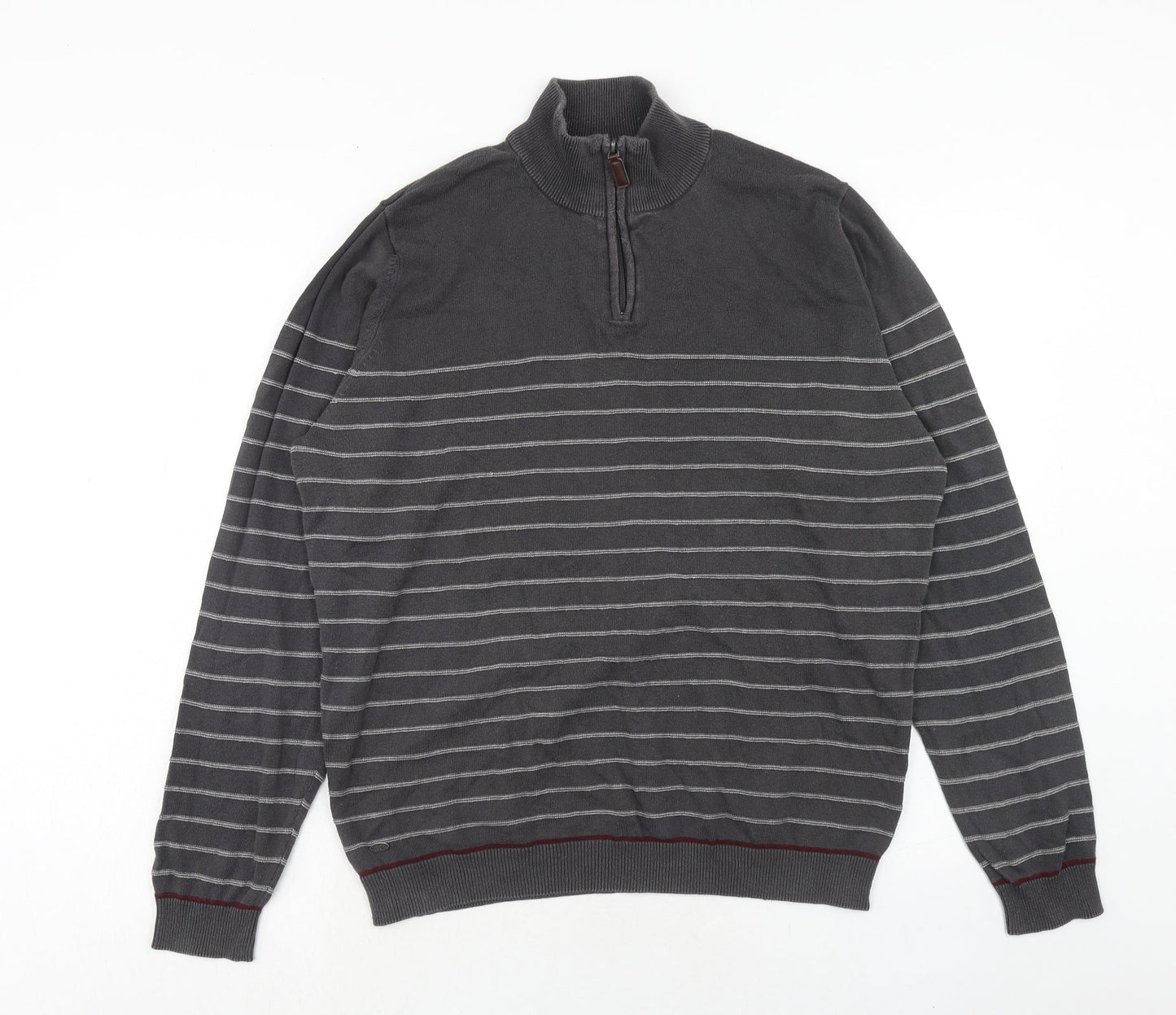 Kensington Mens Grey High Neck Striped Cotton Pullover Jumper Size L Long Sleeve