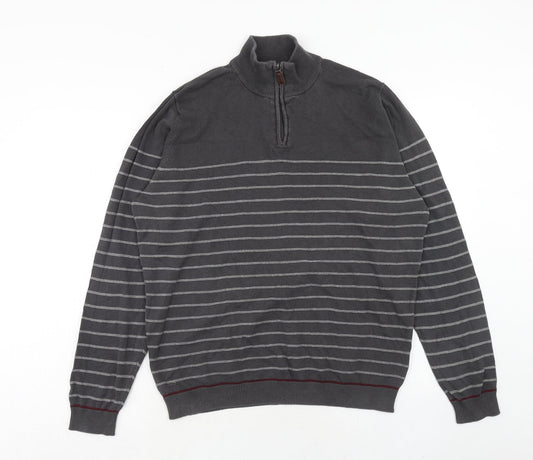Kensington Mens Grey High Neck Striped Cotton Pullover Jumper Size L Long Sleeve
