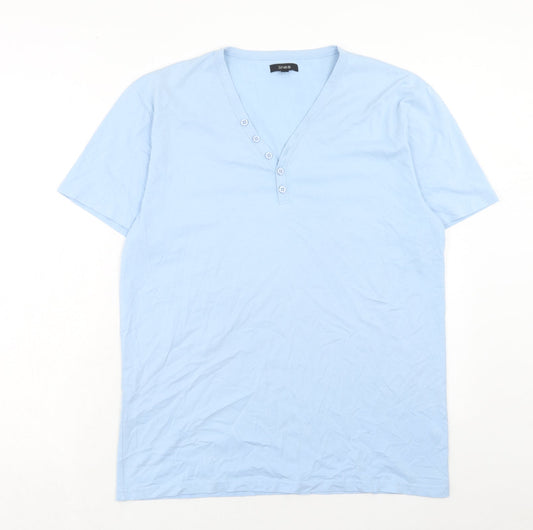 Linea Womens Blue Cotton Basic T-Shirt Size L V-Neck