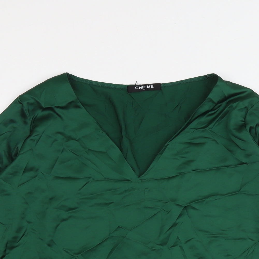 Chicme Womens Green Polyester Basic Blouse Size XL V-Neck