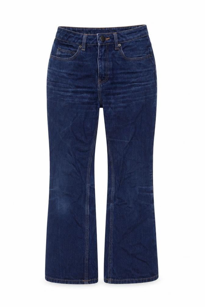 Front view of ASOS women’s blue cotton bootcut jeans, size UK 26, in, 32-inch leg regular button