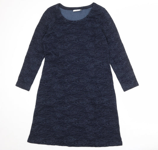 Adini Womens Blue Geometric Cotton A-Line Size S Round Neck Pullover