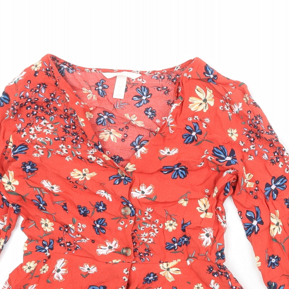 H&M Womens Red Floral Viscose Basic Button-Up Size 6 V-Neck