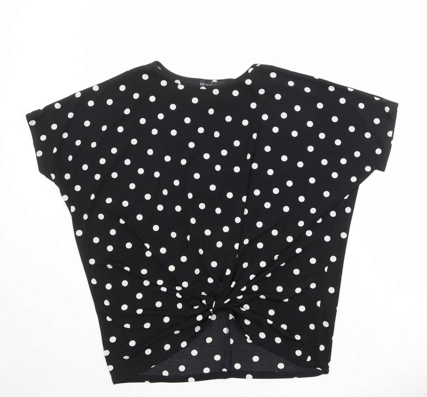 Just Elegance Womens Black Polka Dot Polyester Basic T-Shirt Size S Round Neck - Knot Front