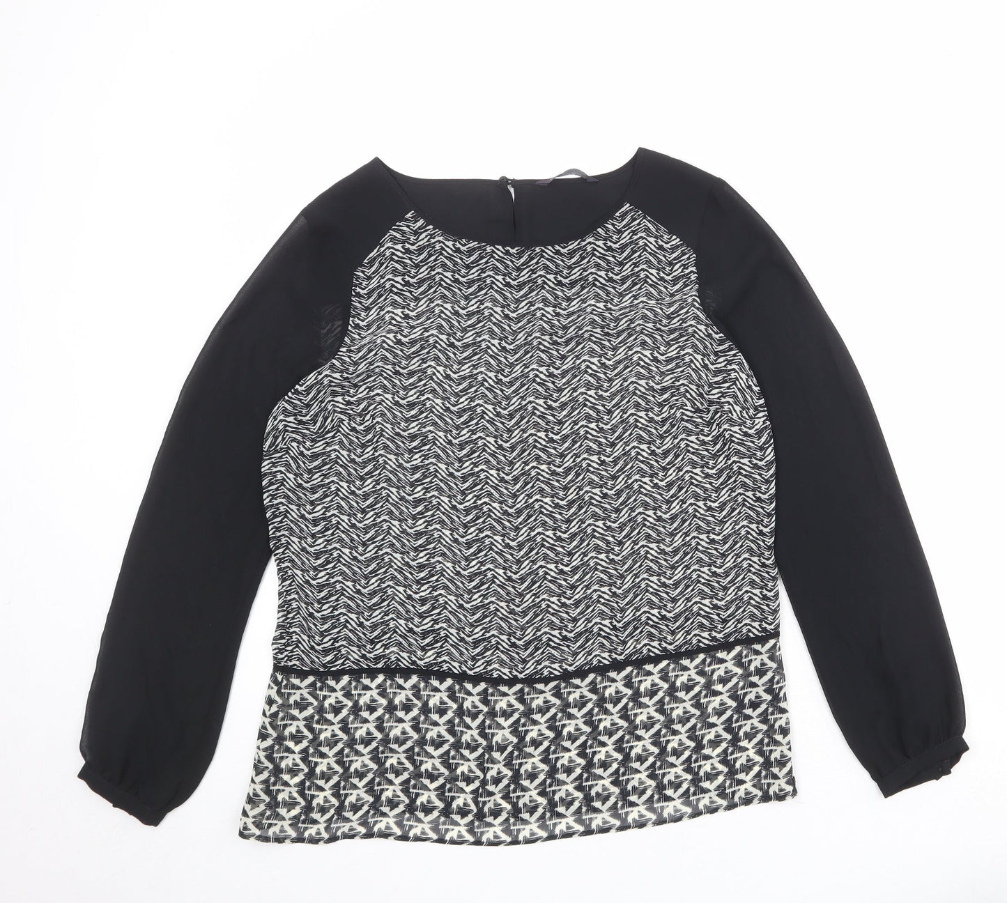 Marks and Spencer Womens Black Geometric Polyester Basic Blouse Size 12 Boat Neck