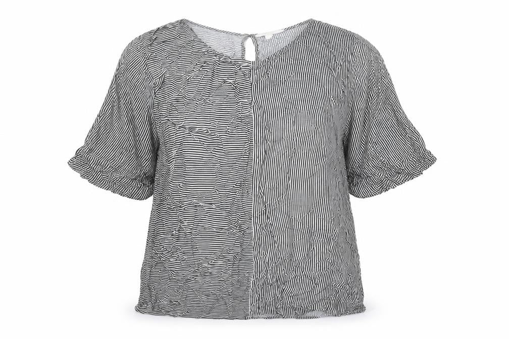 Front view of ESPRIT women’s black striped viscose basic blouse, size S, boat neck