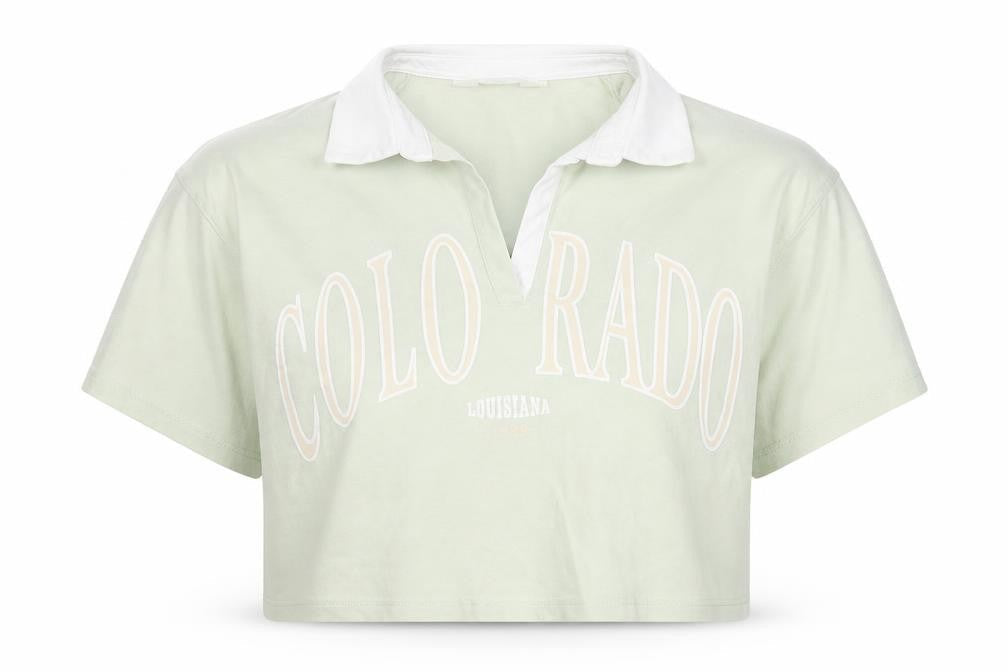 Front view of H&M girls’ green cotton cropped t-shirt, size 14-15, years collared pullover - colorado