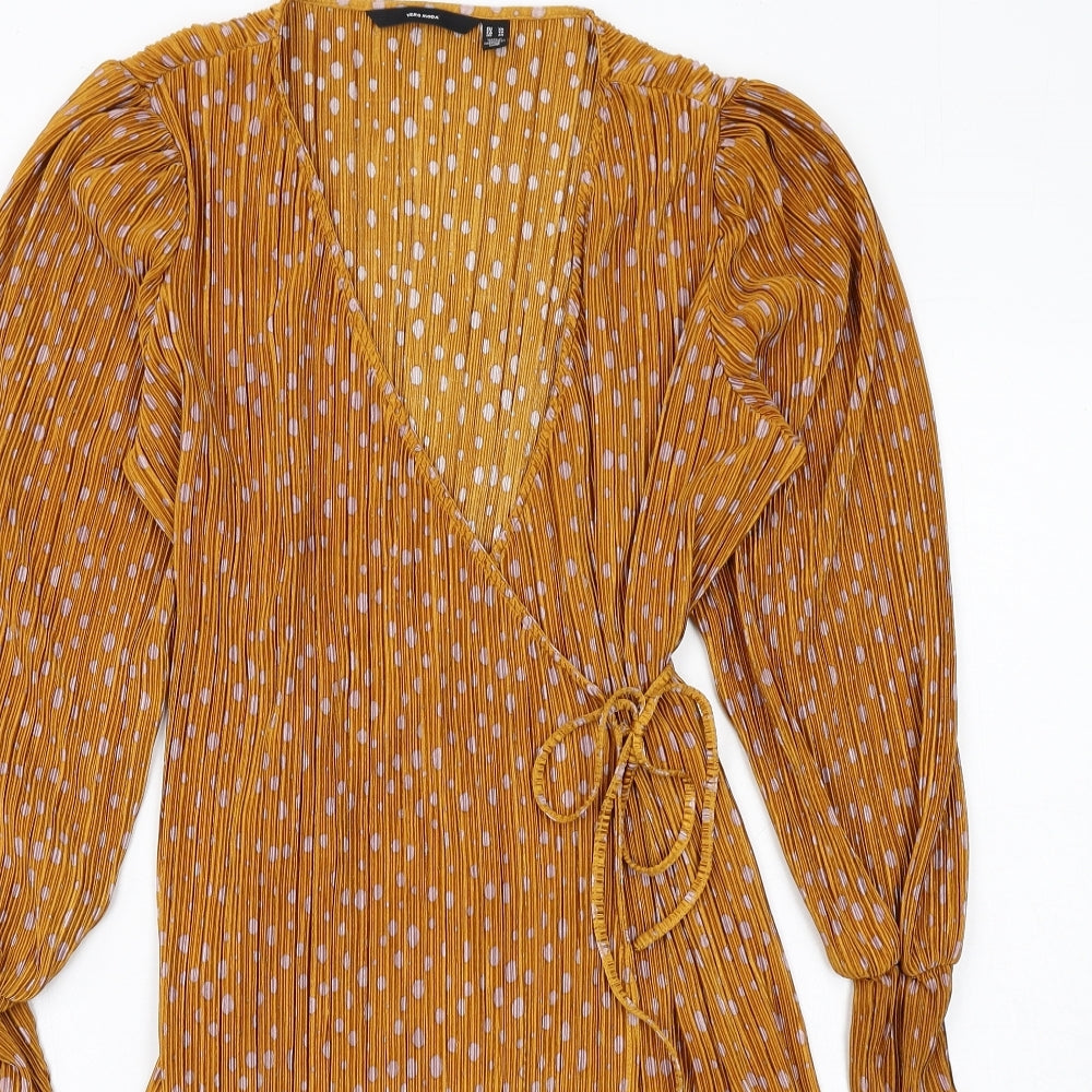 VERO MODA Womens Yellow Polka Dot Polyester Wrap Dress Size XS V-Neck Tie