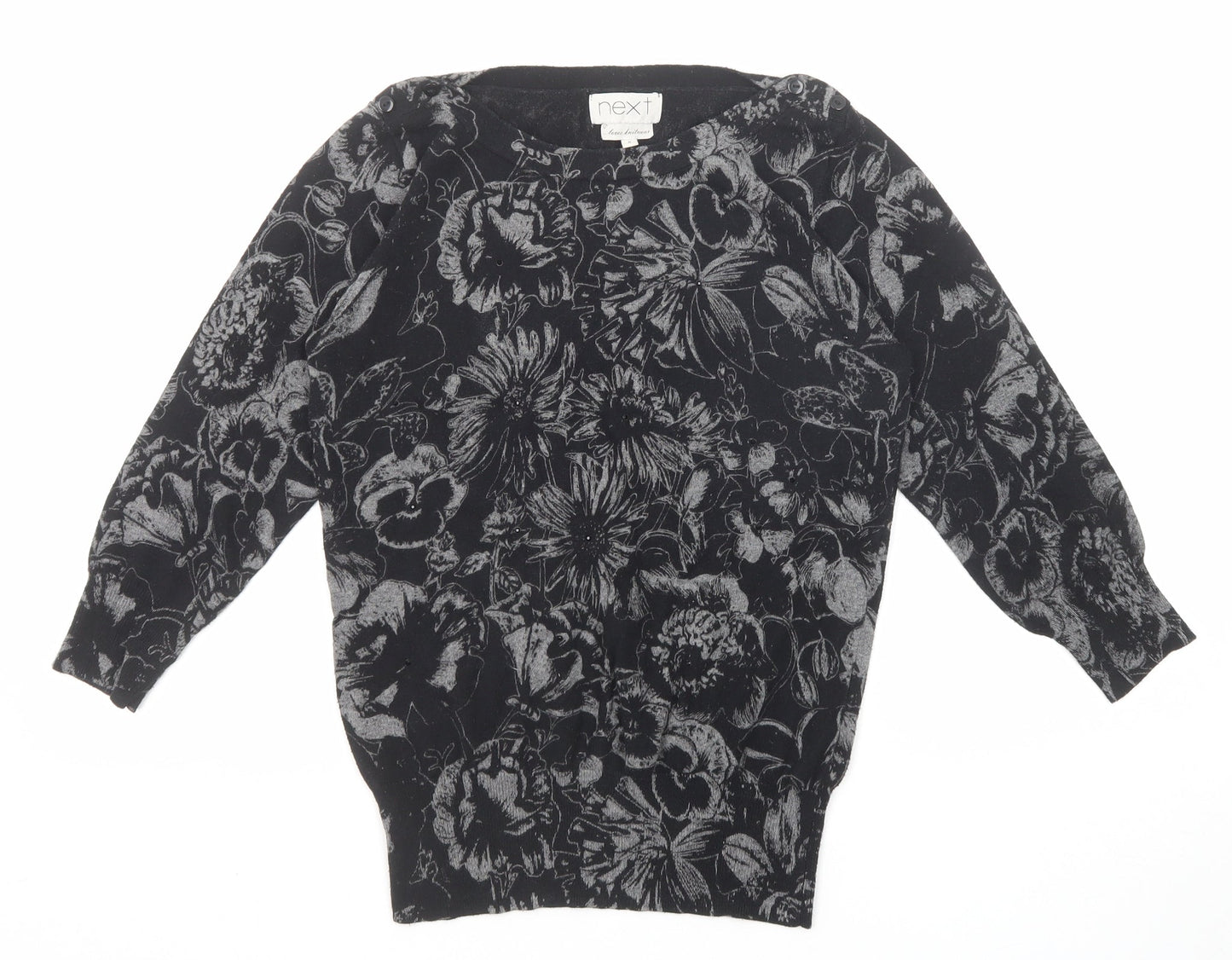 NEXT Womens Black Round Neck Floral Cotton Pullover Jumper Size 8