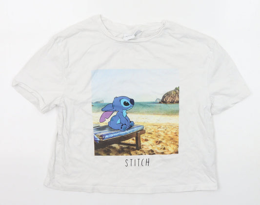 Disney Womens White Cotton Basic T-Shirt Size 6 Round Neck - Stitch