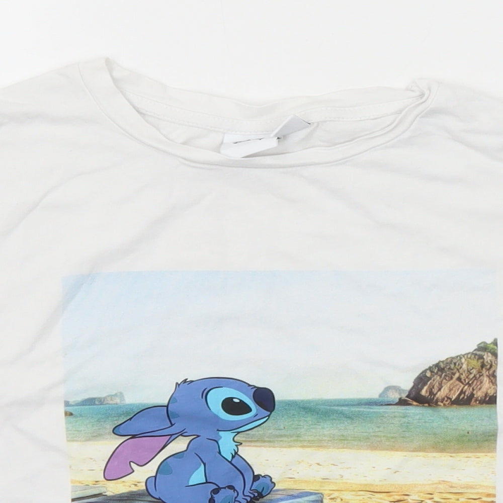 Disney Womens White Cotton Basic T-Shirt Size 6 Round Neck - Stitch