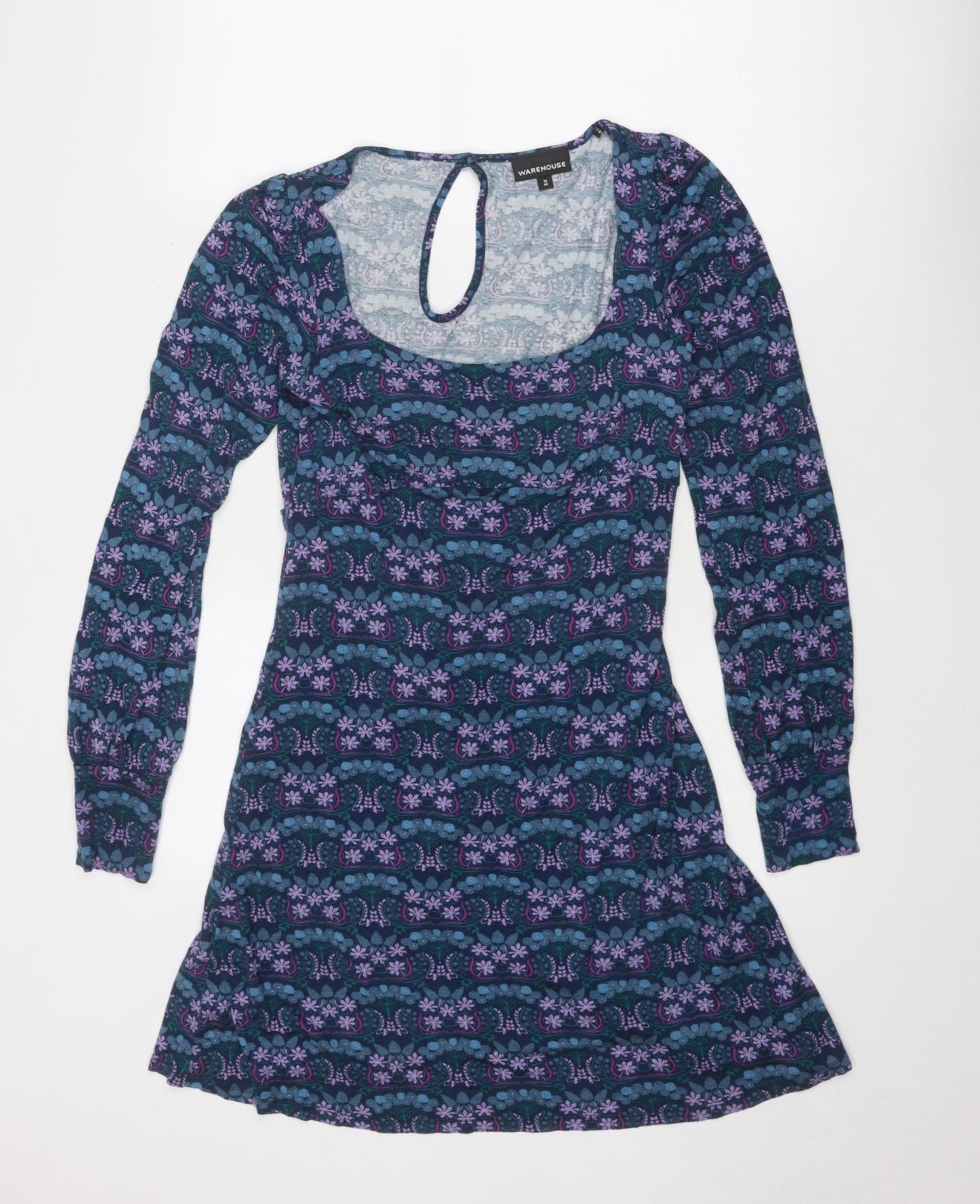 Warehouse Womens Blue Floral Viscose A-Line Size 12 Scoop Neck Pullover