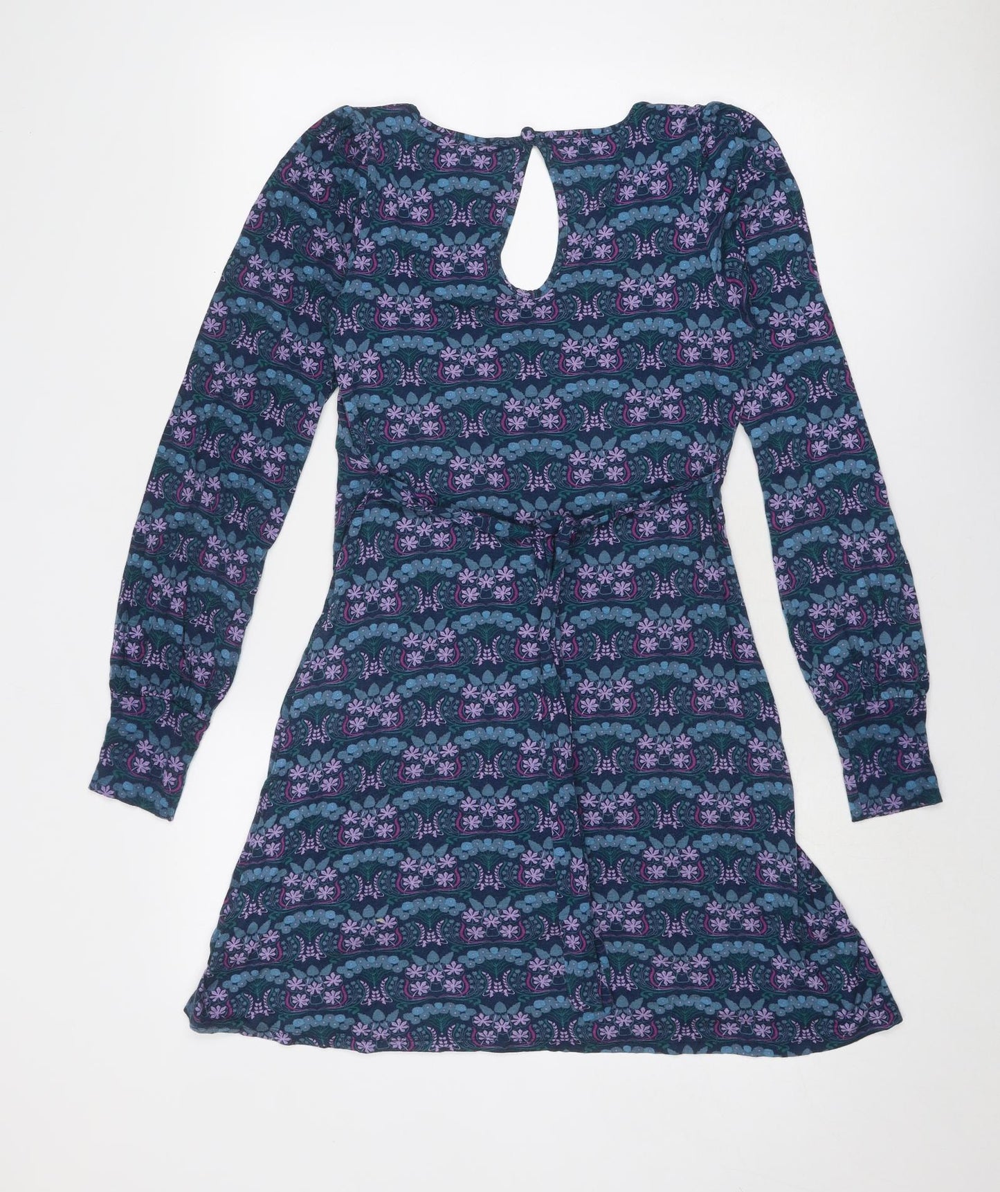 Warehouse Womens Blue Floral Viscose A-Line Size 12 Scoop Neck Pullover