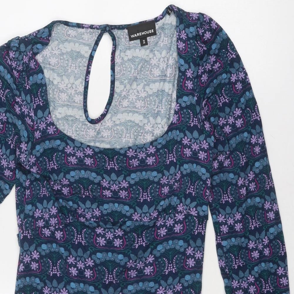 Warehouse Womens Blue Floral Viscose A-Line Size 12 Scoop Neck Pullover
