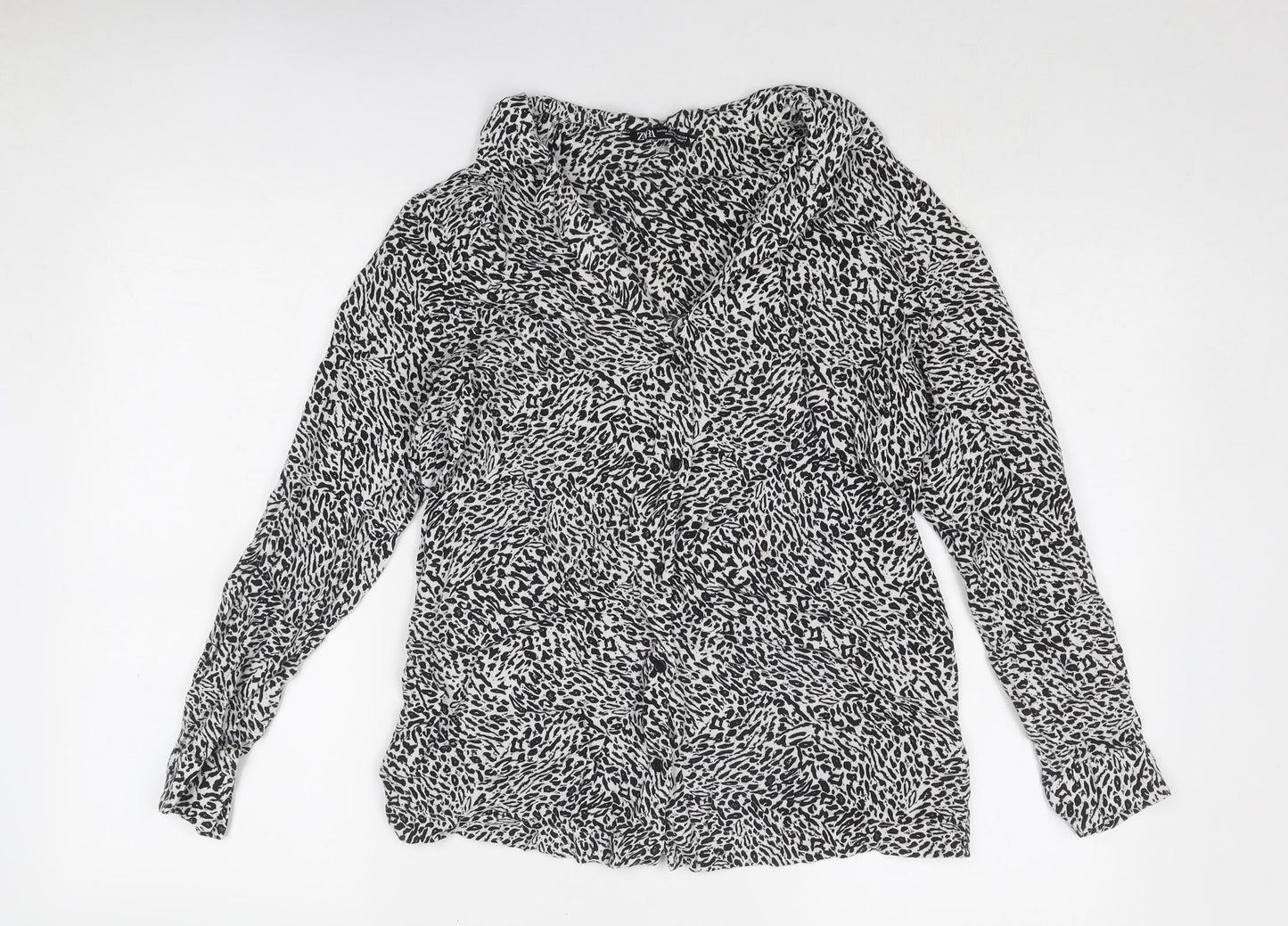 Zara Womens Black Animal Print Viscose Basic Button-Up Size XS Collared - Leopard Print