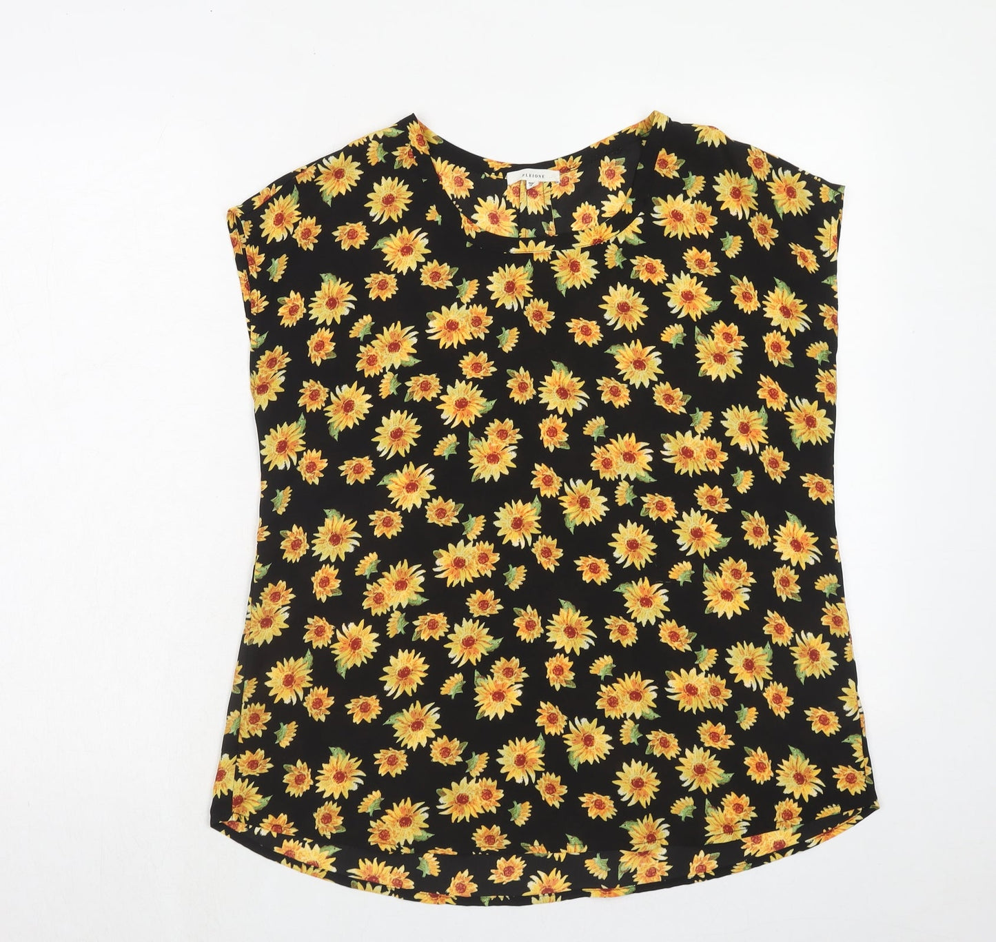 Pleione Womens Yellow Floral Polyester Basic Blouse Size S Boat Neck