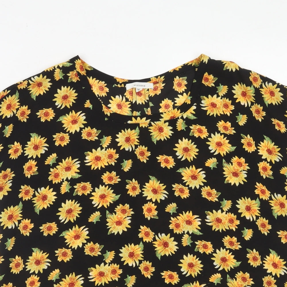 Pleione Womens Yellow Floral Polyester Basic Blouse Size S Boat Neck