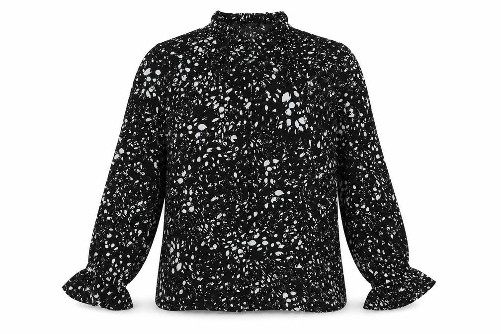 Front view of In the Style women’s black geometric polyester basic blouse, size UK 16, mock neck