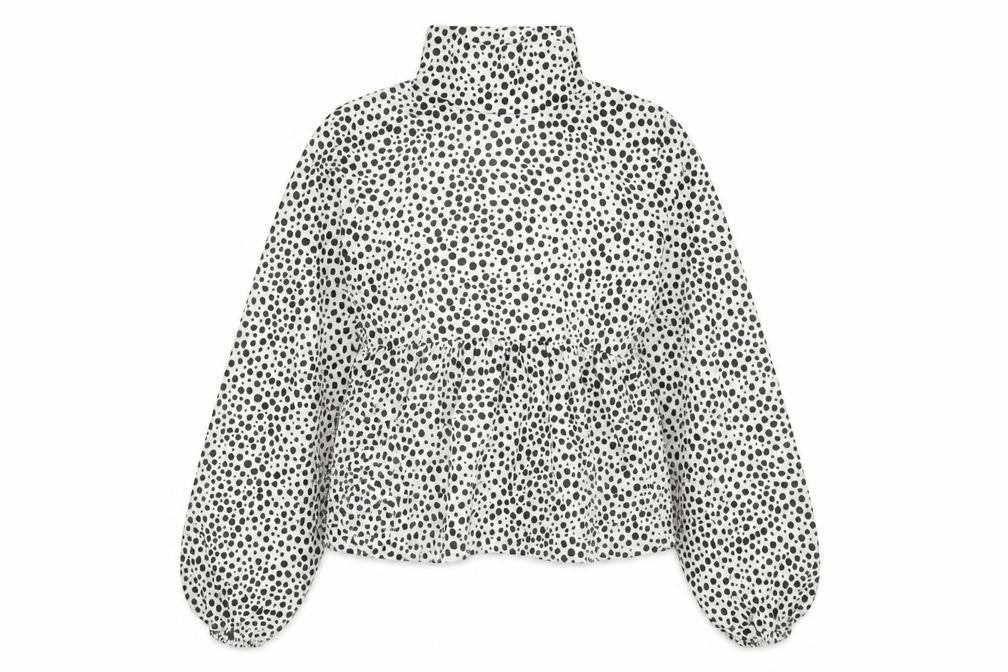 Front view of I SAW IT FIRST women’s white animal print polyester basic blouse, size UK 10, high neck - dalmatian print