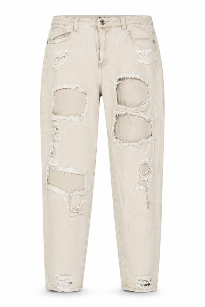 Front view of Missguided women’s beige cotton mom jeans, size UK 12, regular zip