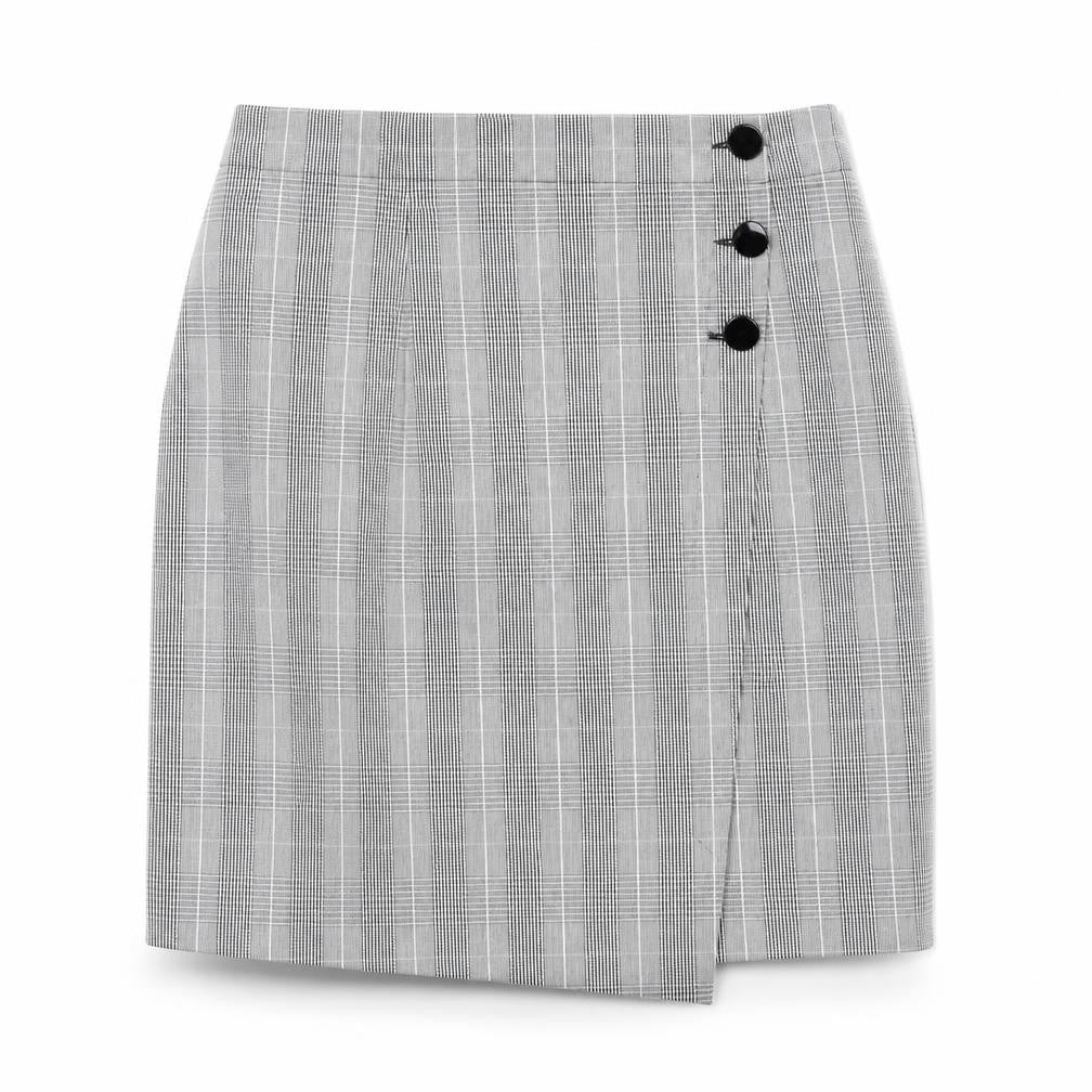 Marks and Spencer Womens Black Plaid Polyester A-Line Skirt Size 36 in Button