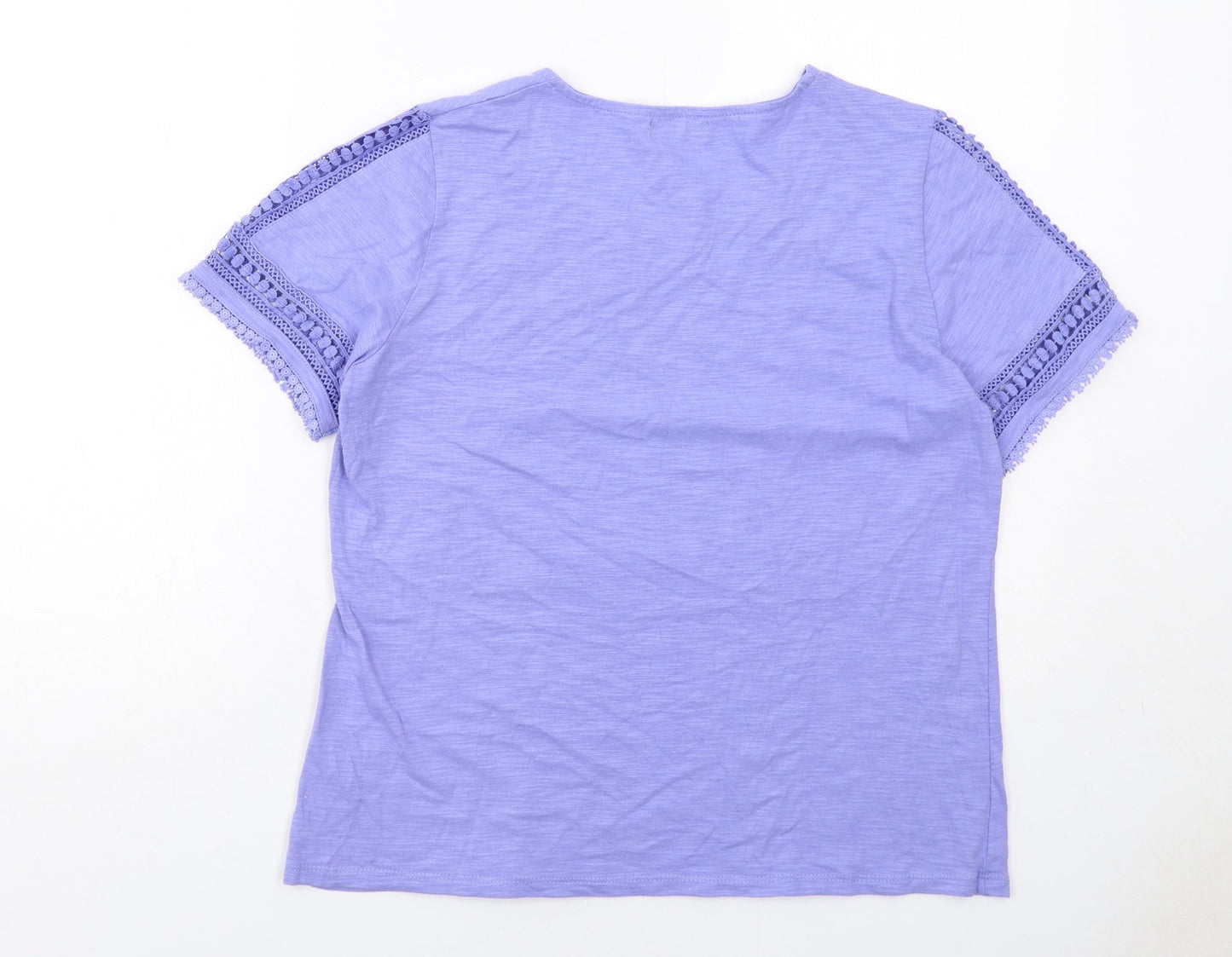 First Avenue Womens Purple Cotton Basic T-Shirt Size L Round Neck - Crochet Detail