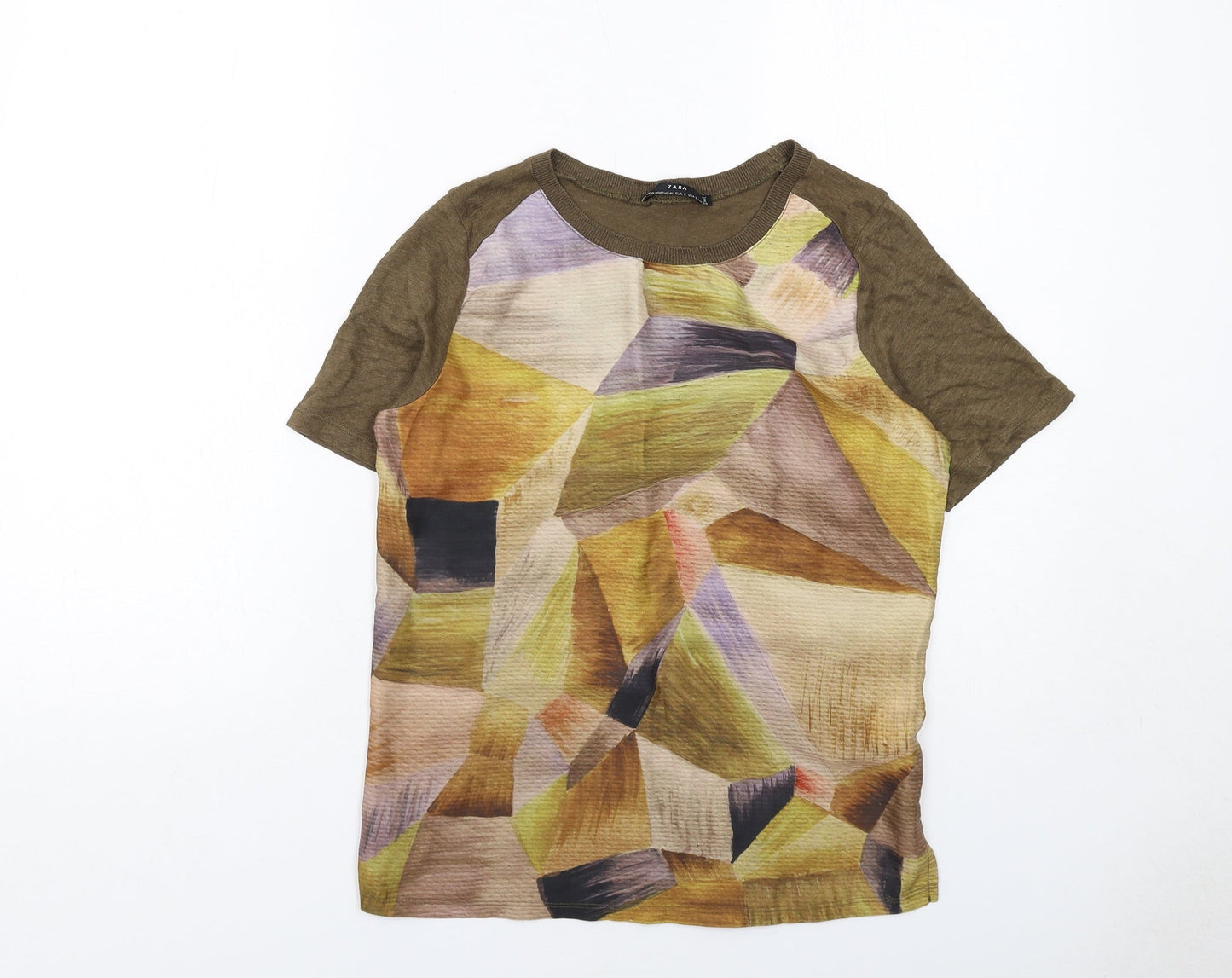Zara Womens Brown Geometric Polyester Basic T-Shirt Size S Round Neck