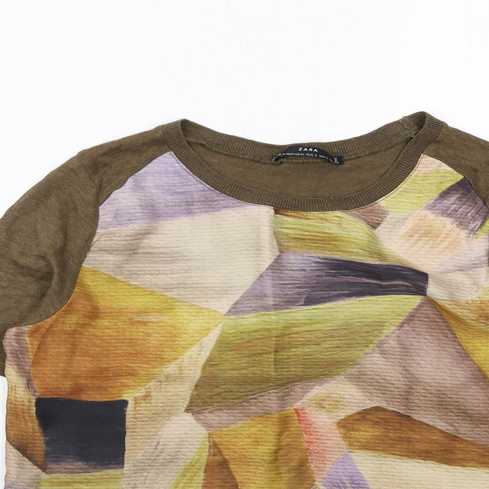 Zara Womens Brown Geometric Polyester Basic T-Shirt Size S Round Neck