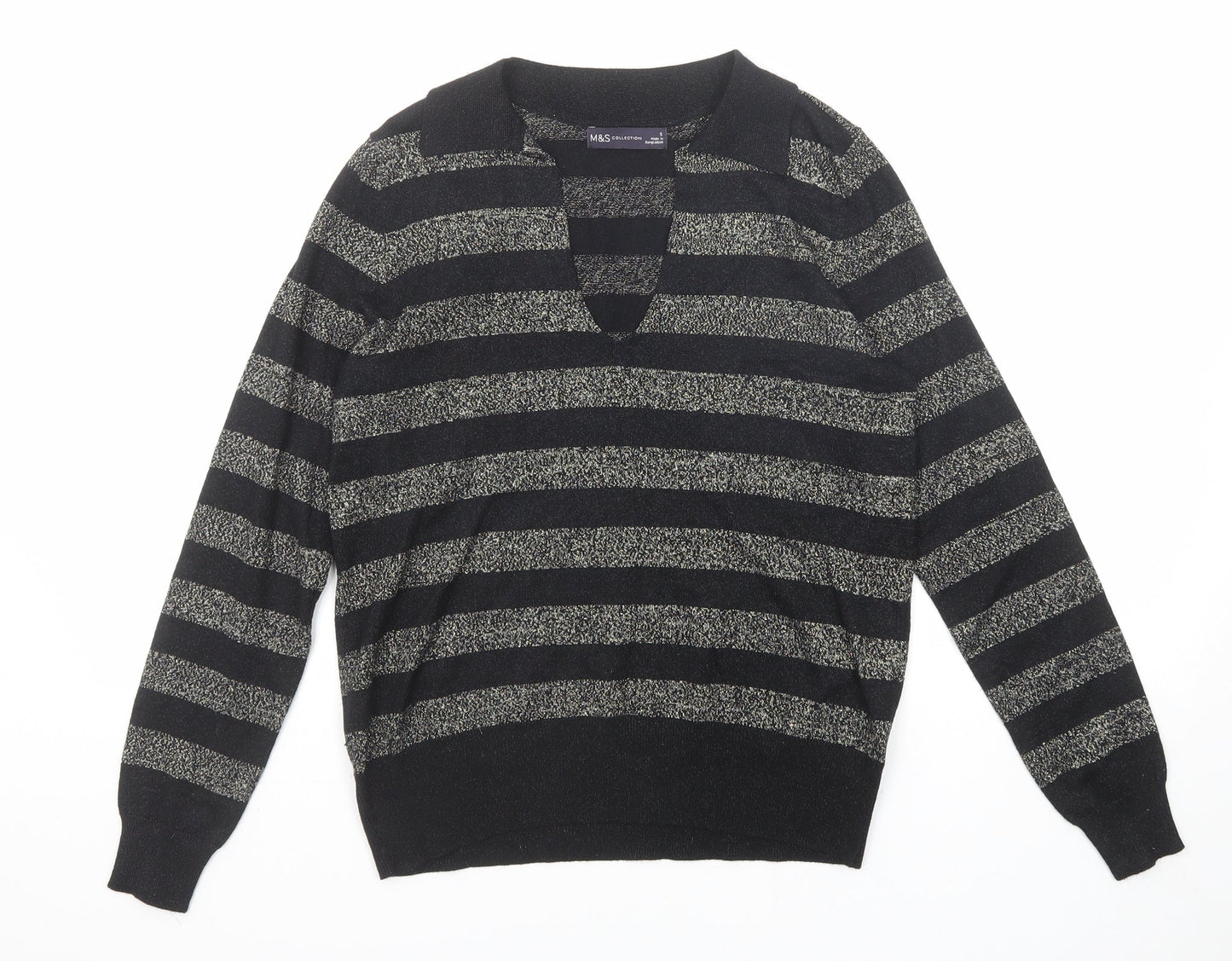 Marks and Spencer Womens Black V-Neck Striped Viscose Pullover Jumper Size S