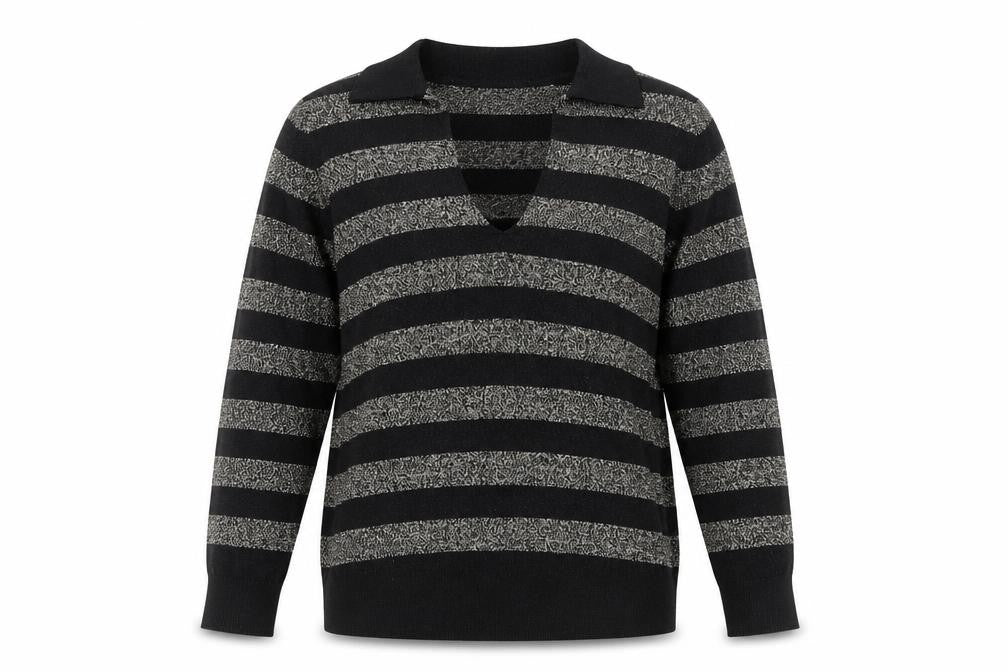 Marks and Spencer Womens Black V-Neck Striped Viscose Pullover Jumper Size S