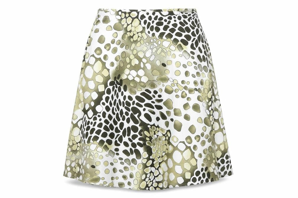 Front view of Alexara women’s multicoloured geometric polyester swing skirt, size UK 14