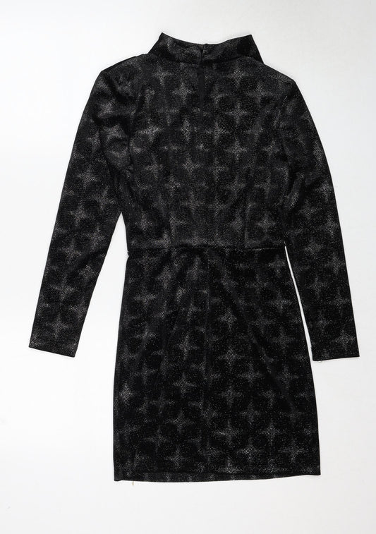 Zara Womens Black Geometric Polyester Shift Size S Mock Neck Button